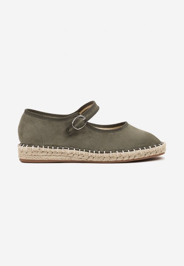Renee - Zielone Espadryle z Ekozamszu Zapinane na Pasek z Klamerką Deolisse. Okazja: na co dzień. Zapięcie: pasek. Kolor: zielony. Wzór: ażurowy. Materiał: jeans. Sezon: lato. Obcas: na obcasie. Styl: elegancki, casual. Wysokość obcasa: niski