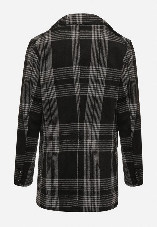 Born2be - Szaro-Czarny Płaszcz w Kratkę o Dwurzędowym Kroju z Kieszeniami i Polarową Podszewką Sanithwen. Okazja: do pracy, na co dzień. Kolor: szary. Materiał: polar. Wzór: kratka. Styl: klasyczny, casual