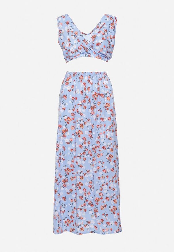 Born2be - Niebieski Dwuczęściowy Komplet w Kwiaty Top na Ramiączkach Spódnica z Gumką w Pasie Dimantia. Kolor: niebieski. Materiał: materiał, wiskoza. Wzór: kwiaty