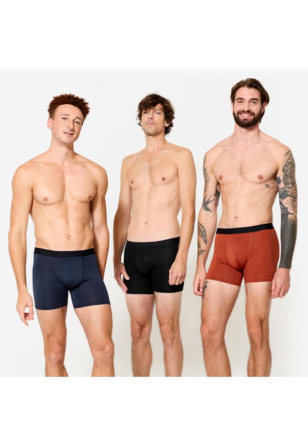 Bokserki sportowe męskie Decathlon 3 sztuki. Kolor: niebieski, czarny, brązowy, pomarańczowy, wielokolorowy. Materiał: materiał, elastan, skóra. Sport: fitness