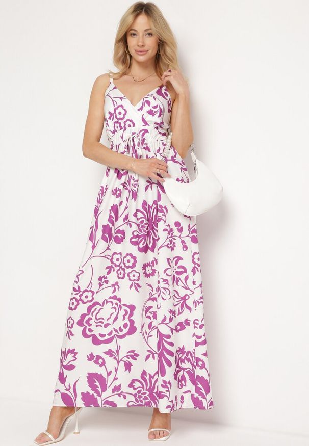 Born2be - Fioletowo-Biała Sukienka na Regulowanych Ramiączkach z Gumkami na Plecach Ściągana Troczkiem Harnela. Okazja: na co dzień. Kolor: fioletowy. Długość rękawa: na ramiączkach. Typ sukienki: proste. Styl: casual, klasyczny, elegancki