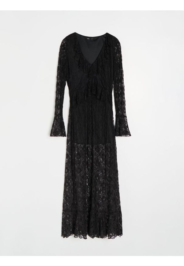Sinsay - Koronkowa sukienka maxi z falbanami - czarny. Kolor: czarny. Materiał: koronka. Długość: maxi