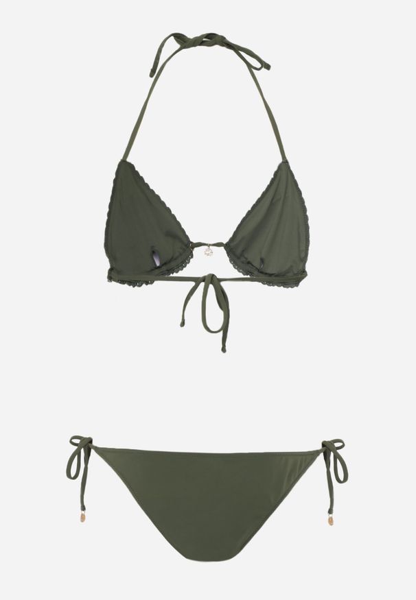 Born2be - Ciemnozielone Bikini Dwuczęściowe Szydełkowe Wiązane na Szyi i Plecach z Metalowymi Zawieszkami Nysalirea. Kolekcja: plus size. Kolor: zielony