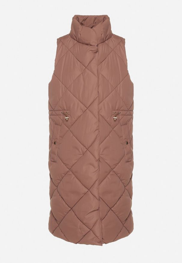 Born2be - Ciemnobrązowa Pikowana Kamizelka o Długim Kroju ze Stójką i Kieszeniami Avatheia. Okazja: na co dzień. Typ kołnierza: kołnierzyk stójkowy. Kolor: brązowy. Materiał: jeans. Długość: długie. Wzór: aplikacja. Styl: klasyczny, casual, elegancki