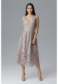 Figl - Beżowa Rozkloszowana Sukienka Koronkowa na Szerokich Ramiączkach. Kolor: beżowy. Materiał: koronka. Długość rękawa: na ramiączkach #1