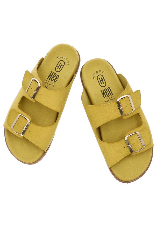 Żółte Klapki Hee Modne Skórzane Obuwie Damskie. Okazja: na spacer. Kolor: żółty. Materiał: skóra. Sezon: lato. Styl: wakacyjny, elegancki