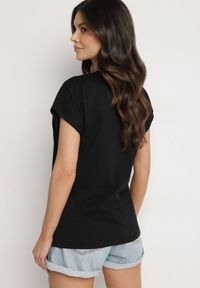 Born2be - Czarny T-shirt z Bawełny Typu Nietoperz z Cyrkoniami i Perełkami Linellis. Okazja: na co dzień. Kolor: czarny. Materiał: bawełna. Wzór: aplikacja. Styl: casual #7