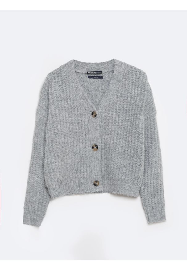 Big-Star - Sweter dziewczęcy kardigan z dodatkiem wełny szary Karda 901. Okazja: na co dzień. Kolor: szary. Materiał: wełna. Wzór: ze splotem. Styl: elegancki, vintage, casual