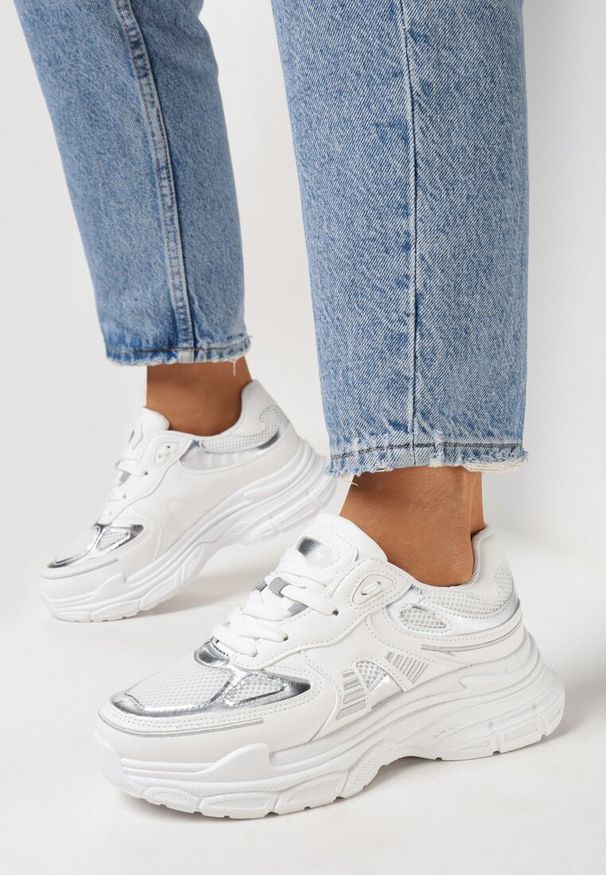 Born2be - Białe Sneakersy z Siateczką i Ozdobnymi Wstawkami Nilveri. Kolor: biały