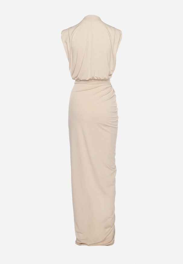 Born2be - Beżowa Sukienka Maxi Dopasowana z Poduszkami w Ramionach i Rozcięciem na Boku Ocrana. Okazja: na ślub cywilny, na imprezę, na wesele. Kolor: beżowy. Typ sukienki: dopasowane. Styl: klasyczny, elegancki. Długość: maxi