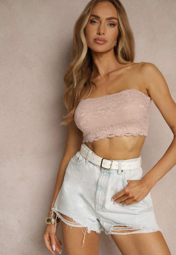 Renee - Różowy Koronkowy Top Bandeau o Dopasowanym Kroju Pasiella. Okazja: na randkę, na co dzień. Kolor: różowy. Materiał: koronka. Wzór: koronka. Styl: casual