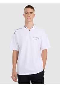 4f - 4F Koszulka polo oversize męska - biała L. Okazja: na co dzień. Typ kołnierza: polo. Kolor: biały. Materiał: materiał. Styl: sportowy, casual