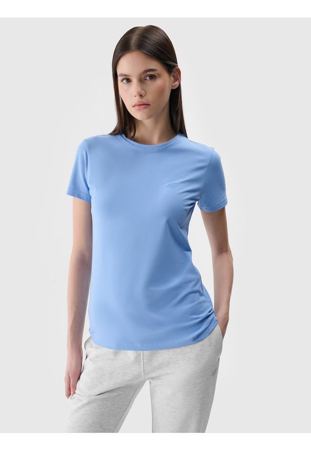 4f - 4F T-shirt slim gładki damski - niebieski M. Okazja: na co dzień. Kolor: niebieski. Materiał: dzianina, bawełna, jersey, materiał, elastan. Długość rękawa: krótki rękaw. Długość: krótkie. Wzór: gładki. Sezon: lato. Styl: klasyczny, sportowy, casual