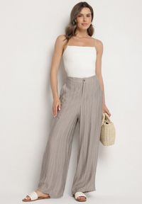 Born2be - Szare Szerokie Spodnie z Wysokim Stanem Natalania. Okazja: na co dzień. Stan: podwyższony. Kolor: szary. Materiał: len. Styl: elegancki, casual #7