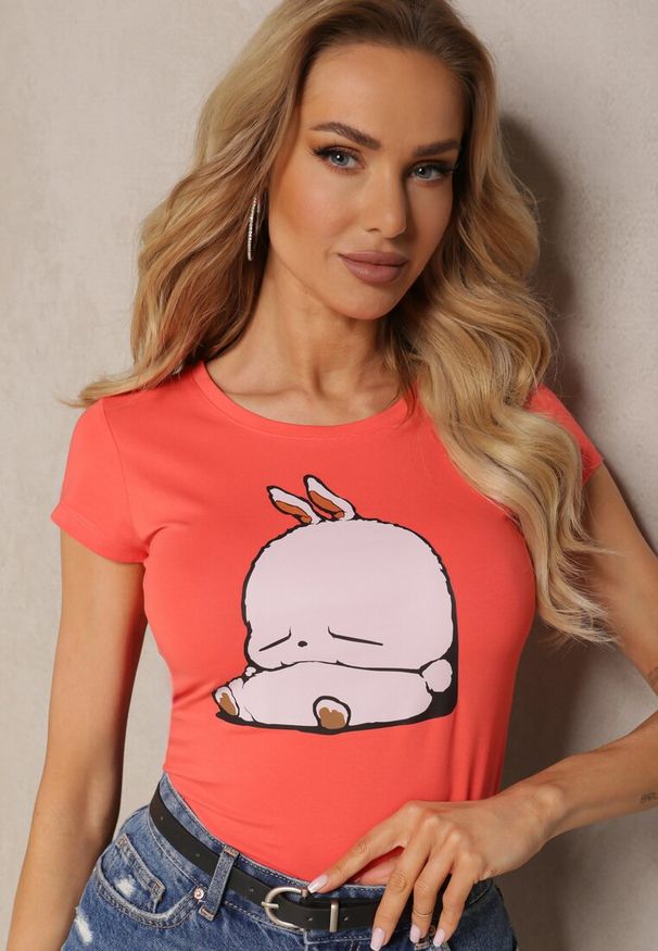 Renee - Pomarańczowy T-shirt z Bawełny z Ozdobnym Nadrukiem Janesto. Kolor: pomarańczowy. Materiał: bawełna. Wzór: nadruk. Sezon: lato