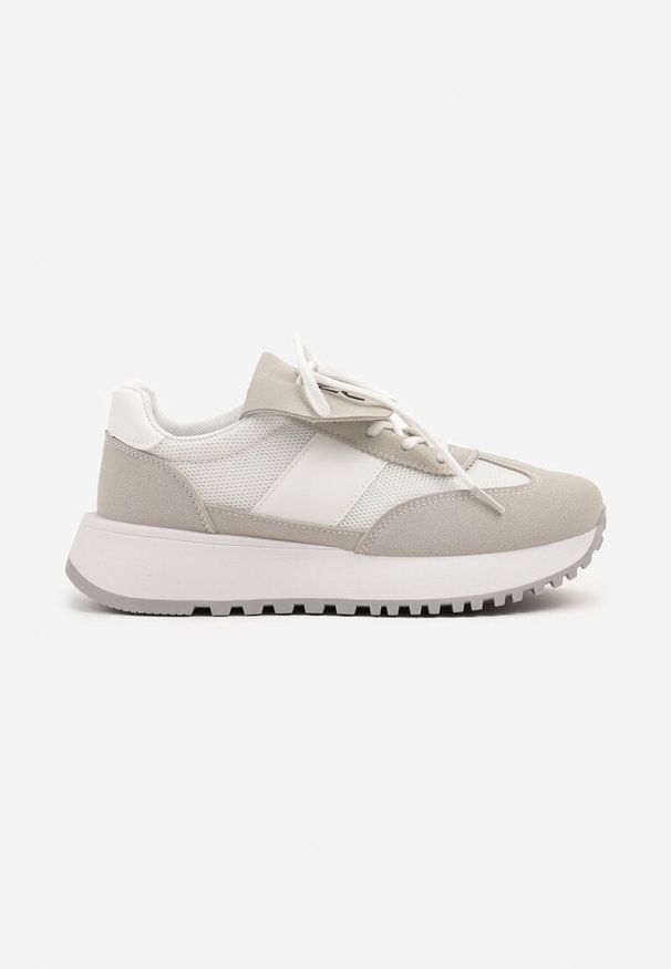 Renee - Biało-Beżowe Sneakersy na Platformie z Geometrycznym Wzorem Aluina. Okazja: na co dzień. Kolor: biały. Materiał: jeans. Wzór: geometria. Obcas: na platformie