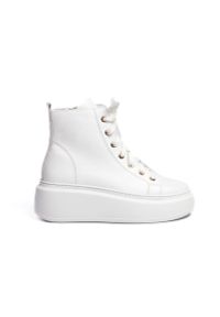 Inna - Sneakersy wysokie na platformie skórzane białe Sempre 23-396-38. Kolor: biały. Materiał: skóra. Wzór: grochy. Obcas: na platformie #1