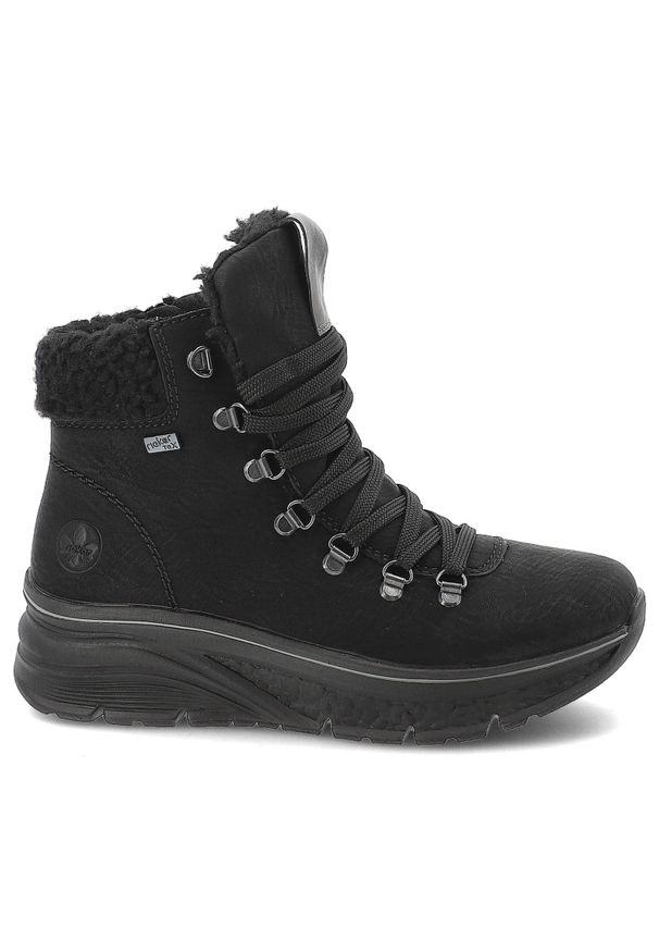 Czarne Botki Rieker Ocieplane Buty Damskie. Okazja: na co dzień. Wysokość cholewki: przed kolano. Zapięcie: sznurówki. Kolor: czarny. Materiał: materiał. Szerokość cholewki: normalna. Sezon: zima. Styl: klasyczny, casual, sportowy