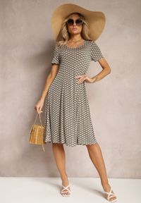 Renee - Zielono-Beżowa Wiskozowa Sukienka o Rozkloszowanym Fasonie Ibelia. Kolor: zielony. Materiał: wiskoza. Typ sukienki: rozkloszowane #4