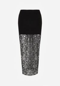 Born2be - Czarna Dzianinowa Spódnica z Wiskozą Zdobiona Koronką i Guzikami Sewora. Okazja: na co dzień. Kolor: czarny. Materiał: koronka, wiskoza, dzianina. Wzór: koronka, aplikacja. Styl: klasyczny, casual #4