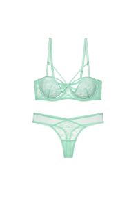 Intica - Komplet bielizny koronkowej ze strapsami regulowanymi Behjat. Kolor: zielony. Materiał: koronka. Wzór: paski, koronka