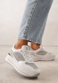 Born2be - Białe Sneakersy na Grubej Podeszwie z Siateczkowymi i Metalicznymi Wstawkamu Sewtira. Kolor: biały. Materiał: jeans #5