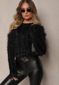Renee - Czarny Futrzany Sweter z Wełną Liarisae. Okazja: na co dzień, na spacer. Kolor: czarny. Materiał: futro, wełna. Długość rękawa: długi rękaw. Długość: długie. Sezon: jesień. Styl: casual #3