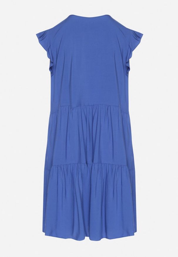 Born2be - Niebieska Rozkloszowana Sukienka z Bawełny Ozdobiona Falbankami Natiriane. Okazja: na co dzień. Typ kołnierza: kołnierz z falbankami. Kolor: niebieski. Materiał: bawełna. Wzór: aplikacja. Sezon: wiosna, lato. Styl: casual, elegancki