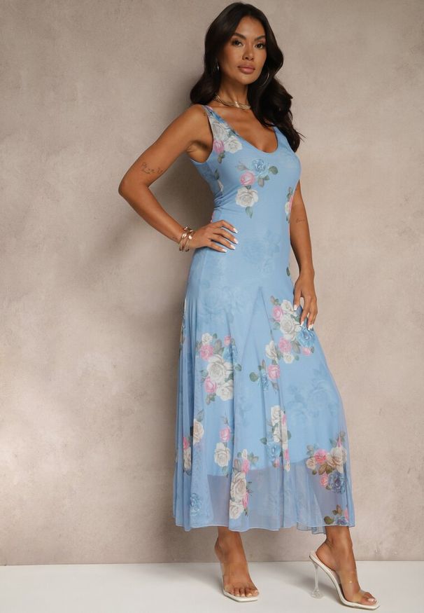 Renee - Niebieska Sukienka Siateczkowa w Kwiaty Milosea. Okazja: na co dzień, na imprezę. Kolor: niebieski. Wzór: kwiaty. Sezon: lato. Styl: klasyczny, casual