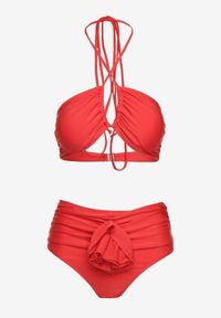 Born2be - Czerwone Bikini 2-Częściowe Stanik Wiązany na Szyi Figi z Podwyższonym Stanem Tegelia. Stan: podwyższony. Kolor: czerwony. Wzór: aplikacja #2
