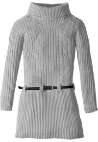 bonprix - Sukienka dzianinowa z paskiem (2 części). Typ kołnierza: golf. Kolor: szary. Materiał: dzianina. Styl: elegancki #1