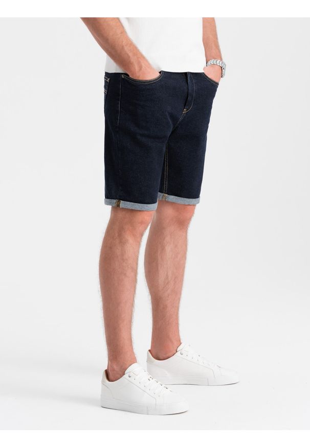 Ombre Clothing - Męskie szorty jeansowe z podwiniętymi nogawkami – granatowe V1 OM-SRDS-0134 - XXL. Okazja: na co dzień. Kolor: niebieski. Materiał: jeans. Długość: krótkie. Wzór: aplikacja, ze splotem. Sezon: lato. Styl: elegancki, casual