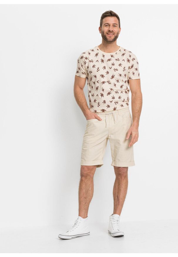 bonprix - Bermudy z gumką w talii, z przewiewnego materiału z lnem, regular fit. Kolor: beżowy. Materiał: len, materiał