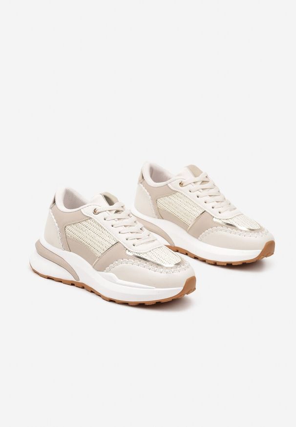 Born2be - Beżowe Sneakersy na Grubej Podeszwie Zdobione Plecionką Ninidala. Okazja: na co dzień. Nosek buta: okrągły. Zapięcie: sznurówki. Kolor: beżowy. Materiał: jeans. Szerokość cholewki: normalna. Wzór: aplikacja. Obcas: na platformie