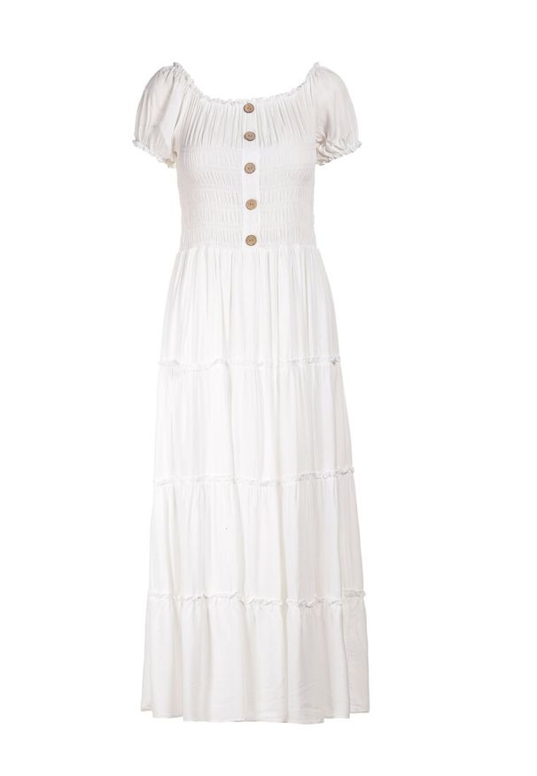 Born2be - Biała Sukienka z Wiskozy o Kroju Hiszpanki Ciririla. Okazja: na co dzień. Typ kołnierza: dekolt hiszpanka. Kolor: biały. Materiał: wiskoza. Długość rękawa: krótki rękaw. Sezon: lato. Typ sukienki: rozkloszowane. Styl: casual, elegancki