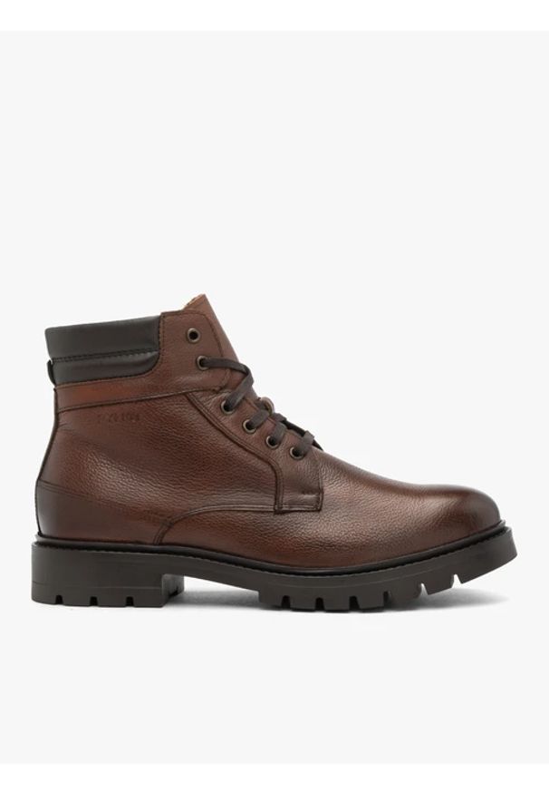 Ryłko - Brązowe ocieplane trzewiki. Okazja: na co dzień. Wysokość cholewki: przed kolano. Zapięcie: sznurówki. Kolor: brązowy. Materiał: skóra. Szerokość cholewki: normalna. Styl: casual, elegancki, street