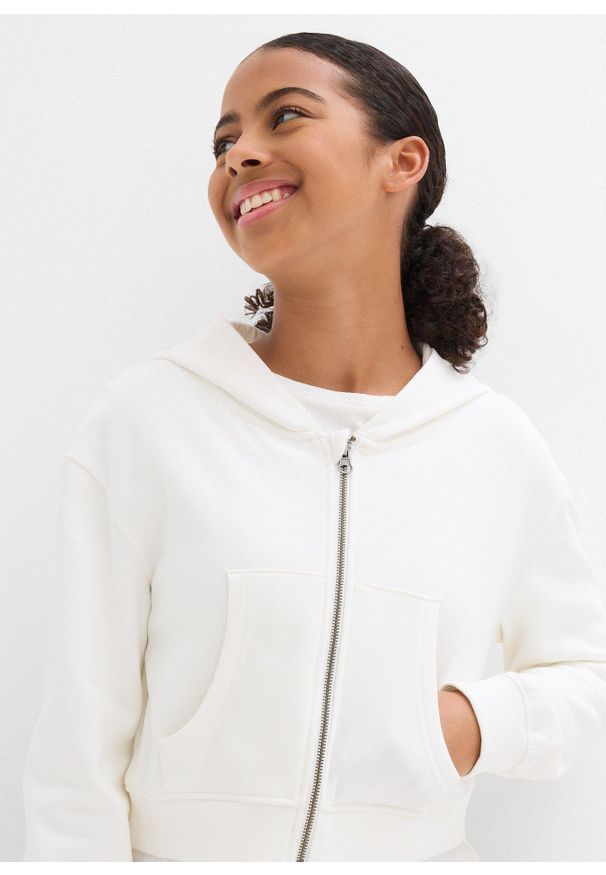 bonprix - Bluza rozpinana z kapturem z czystej bawełny organicznej. Typ kołnierza: kaptur. Kolor: biały. Materiał: bawełna. Styl: klasyczny
