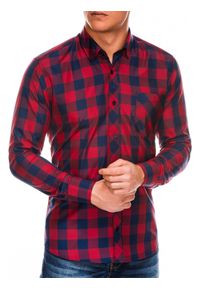 Ombre Clothing - Koszula męska w kratę z długim rękawem K282 - czerwono-granatowa - XXL. Kolor: czerwony. Materiał: bawełna, poliester. Długość rękawa: długi rękaw. Długość: długie. Styl: klasyczny