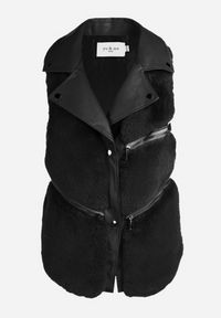 Born2be - Czarna Kamizelka Futrzana Antedes. Kolor: czarny. Materiał: futro. Długość rękawa: długi rękaw. Długość: długie. Wzór: aplikacja #6