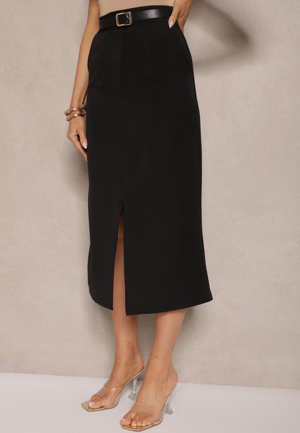 Renee - Czarna Spódnica Ołówkowa z Wiskozą High Waist z Rozcięciem Semivinia. Okazja: na co dzień. Stan: podwyższony. Kolor: czarny. Materiał: wiskoza. Styl: wizytowy, elegancki, casual