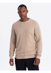 Ombre Clothing - Męski melanżowy sweter ze strukturalnej dzianiny – piaskowy V3 - Rozmiar: XXL. Okazja: na co dzień. Materiał: dzianina. Wzór: melanż. Styl: casual