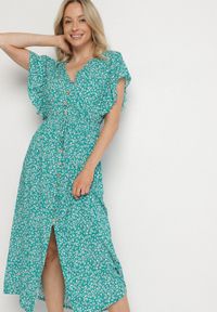 Born2be - Zielona Bawełniana Sukienka z Gumką w Talii w Drobne Kwiatki Nulinea. Okazja: na co dzień. Typ kołnierza: dekolt w serek. Kolor: zielony. Materiał: bawełna. Wzór: kwiaty. Typ sukienki: rozkloszowane. Styl: klasyczny, casual, elegancki #7