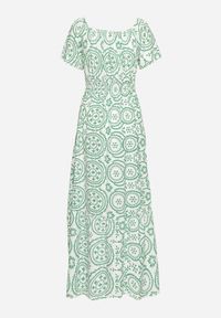 Born2be - Zielono-Biała Rozkloszowana Sukienka z Bawełną i Abstrakcyjnym Wzorem Ldivoria. Okazja: na spacer, na imprezę. Kolor: zielony. Materiał: bawełna. Styl: elegancki #3