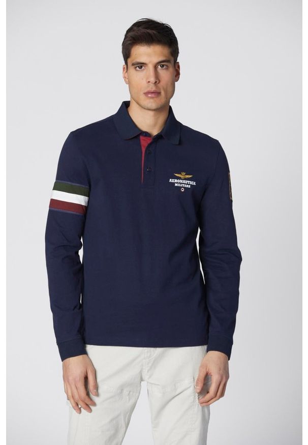 Aeronautica Militare - AERONAUTICA MILITARE Granatowy męski longsleeve polo Jersey, Rozmiar XXL. Typ kołnierza: polo. Kolor: niebieski. Materiał: jersey. Długość rękawa: długi rękaw