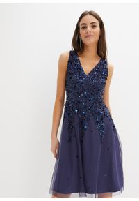 bonprix - Sukienka mini z aplikacją z cekinów. Kolor: niebieski. Materiał: tiul. Wzór: aplikacja. Długość: mini #1