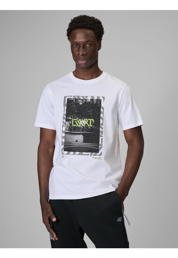 4f - 4F T-shirt regular z nadrukiem męski - biały M. Okazja: na co dzień. Kolor: biały. Materiał: dzianina, bawełna, materiał. Wzór: nadruk. Styl: casual, klasyczny