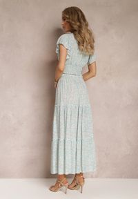 Renee - Zielony 2-częściowy Komplet Bawełniany ze Spódnicą i Kopertową Bluzką Amalitra. Kolor: zielony. Materiał: bawełna. Wzór: kwiaty #4