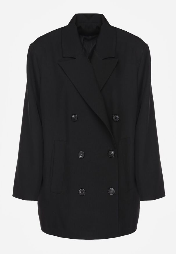 Renee - Czarna Marynarka Dwurzędowa o Przedłużonym Fasonie Pilinne. Okazja: na co dzień, na spotkanie biznesowe, do pracy. Kolor: czarny. Materiał: jeans. Styl: casual, biznesowy, elegancki