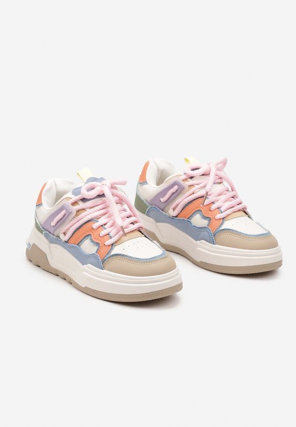 Renee - Beżowo-Różowe Sznurowane Sneakersy na Płaskiej Podeszwie Eviline. Nosek buta: okrągły. Zapięcie: sznurówki. Kolor: beżowy. Materiał: materiał. Obcas: na płaskiej podeszwie. Wysokość obcasa: niski
