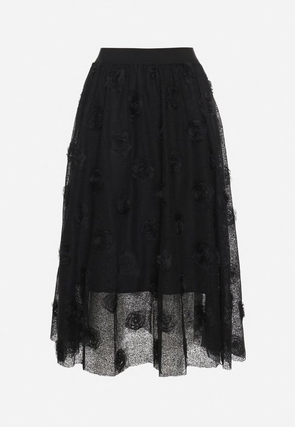 Born2be - Czarna Rozkloszowana Spódnica ze Strukturalnej Tkaniny z Gumką w Talii Folenne. Okazja: na co dzień. Kolor: czarny. Materiał: tkanina. Styl: elegancki, casual